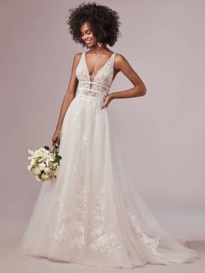 Stilvolles Brautkleid Rebecca Ingram White Regular Long V-Ausschnitt Neu (unverändert) Tüll Größe 36